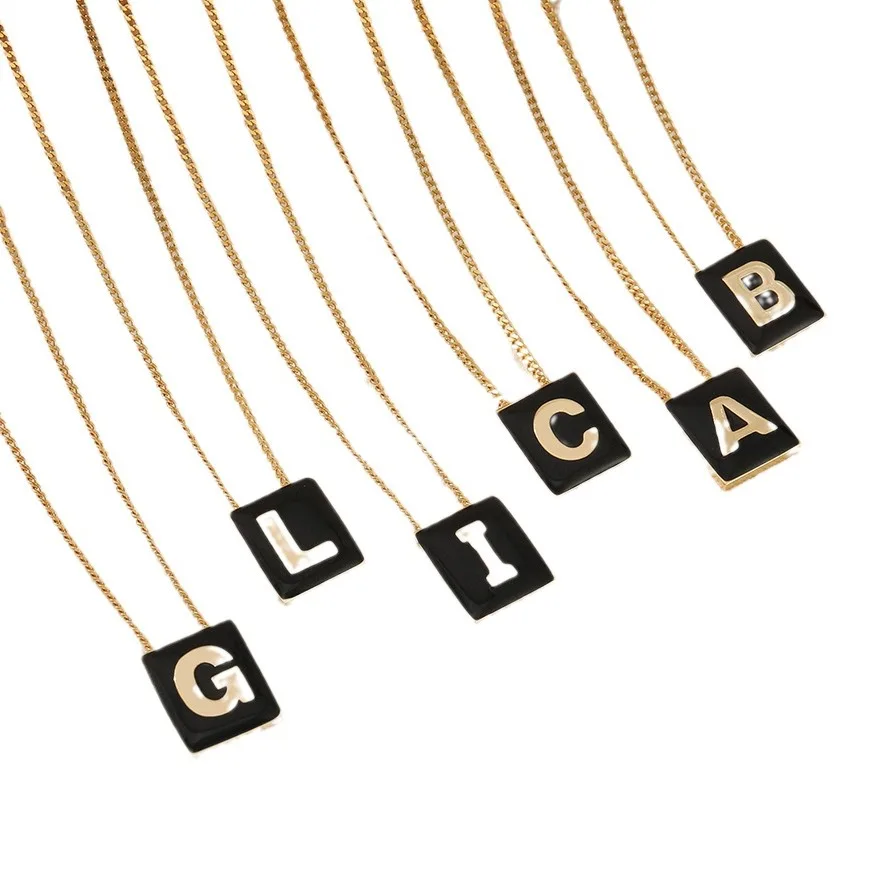 fashion trendy simple jewelry small black squares 26 initials letter necklace pendant women