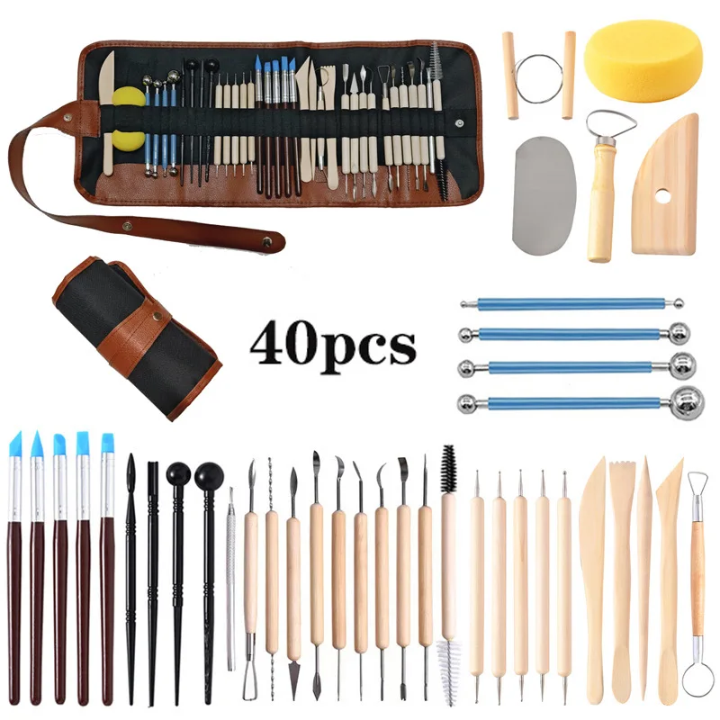 Wholesale 40pcs Clay Sculpting Tool Kit Wooden Handle Pottery Carving Model Building Tool Kits