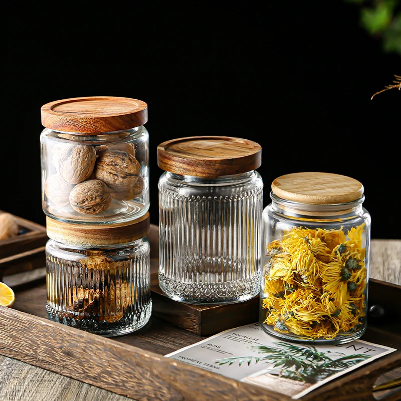 With Acacia Glass Storage Jar Wooden Lid Canister Airtight Spice Jar Vertical Stripe Wholesale BPA Free 500ML 700ML Camping Food