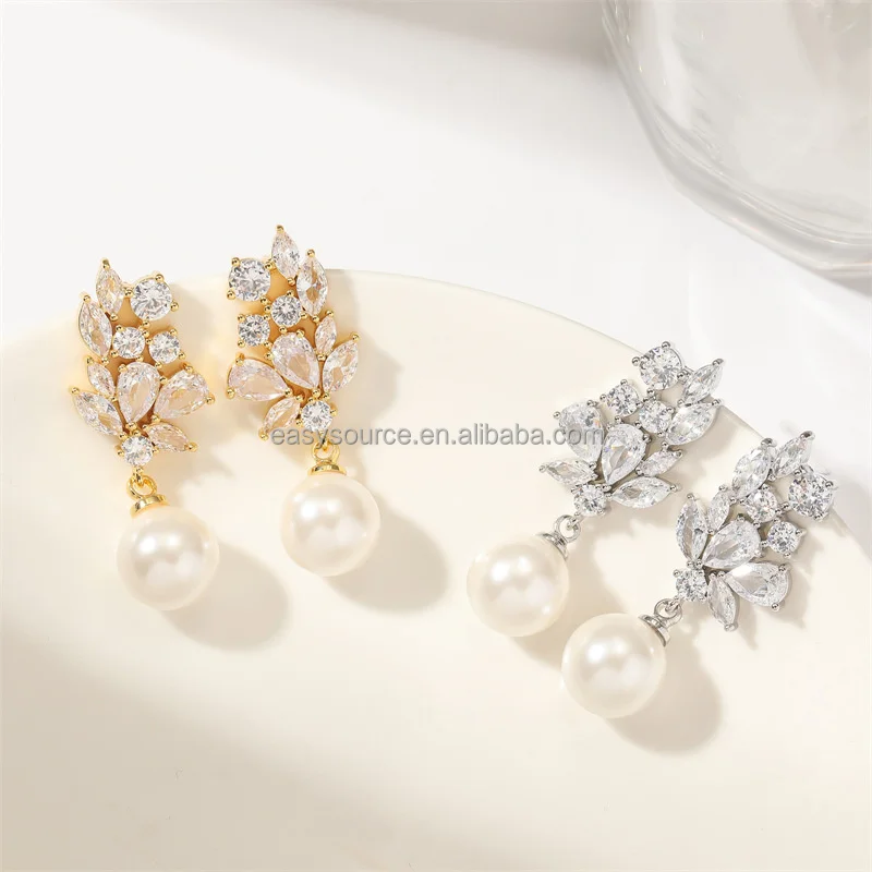 RE6132 Women zircon Pearls Earring CZ Drop Earrings Wedding Jewelry
