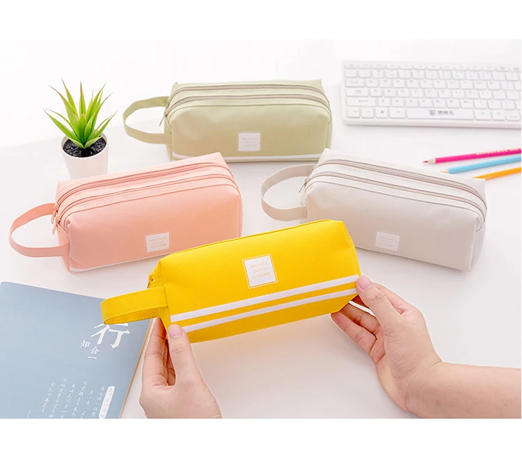 Large Capacity Canvas Shape Pencil Box Double Zippers Pen Bag Office School Stationery Bag Pencil Case with Compartments