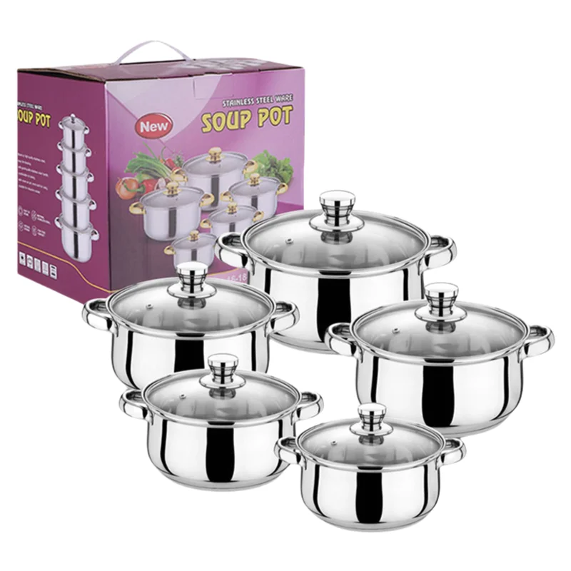 Factory Wholesale 10pcs Stainless Steel Gold handle Soup Pots Cooking Pots Milk Pots And Pans casserole Kitchen Cookware Sets