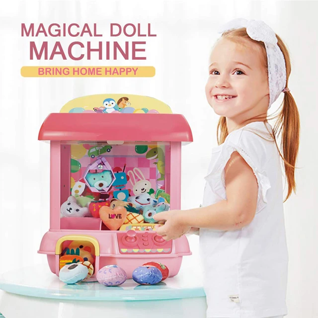 High quality hot sell doll claw machine for kid with USB cable, 6 dolls, adjustable sounds and lights(pink) boy or girl