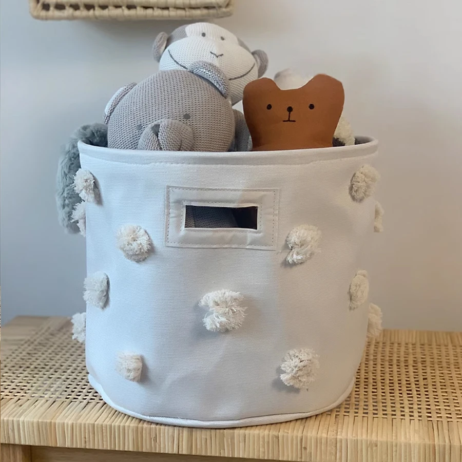 Cute Cotton Pompom Decor Children Toy Storage Bucket Knitted Laundry Basket Large Capacity Baby Toy Organizer