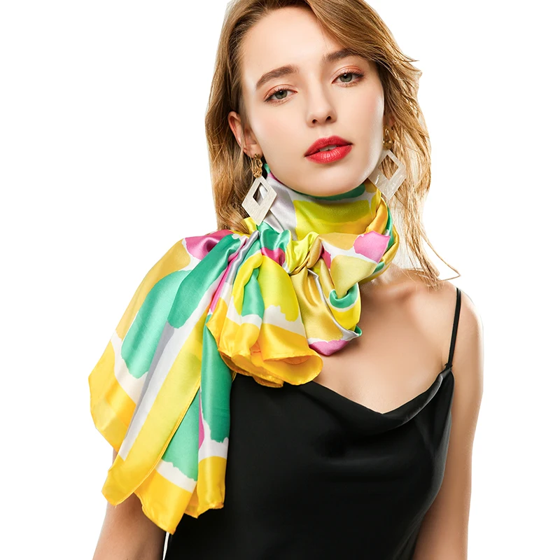 
 AOKO 2021 Новое поступление Модная женская элегантная Роскошная атласная шаль шарфы цветной блочный лоскутный Шелковый шарф  