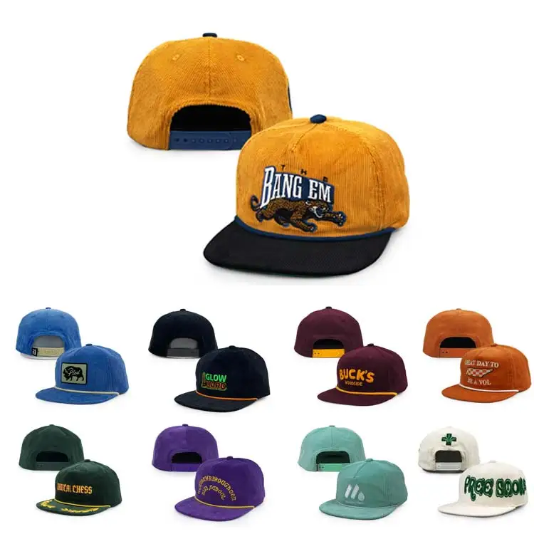 Wholesale Unisex Sports Sun Protection Embroidered Vintage Corduroy Fitted Snapback cap Hat With The String On The Front