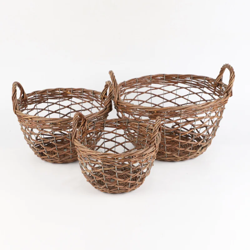 Hot Sell Wholesale Vine weaving with leather round iron frame Home Storage Baskets