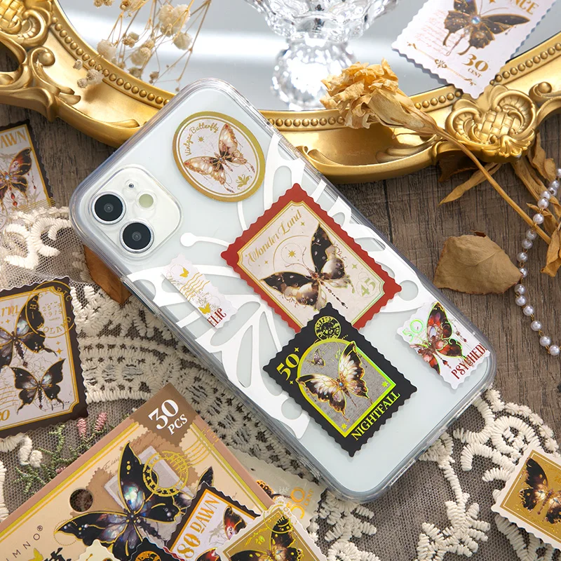 Simno 30pcs Vintage Postage Stamp Scrapbook Stickers Journal Aesthetic Small Butterfly Sticker Pack