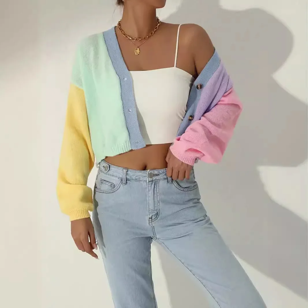 Wholesale Vintage contrast color patchwork sweater   Lady Fall Winter Drop Shoulder Long Sweater Cardigan