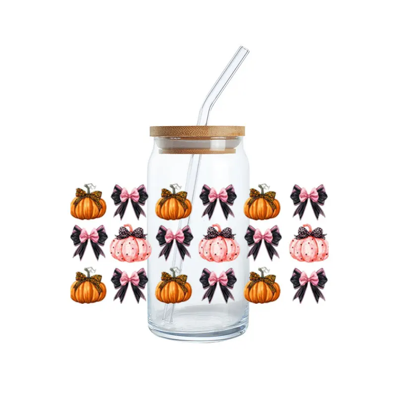 Pink Bows UV DTF Cup Wrap Transfers Halloween Coquette Aesthetic Ribbon Pumpkin Uvdtf Decals Stickers for 16oz Libbey Glass Cup