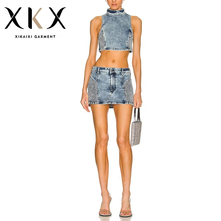 Factory design women sexy denim suit 2022 summer round neck sleeveless open waist denim casual suit