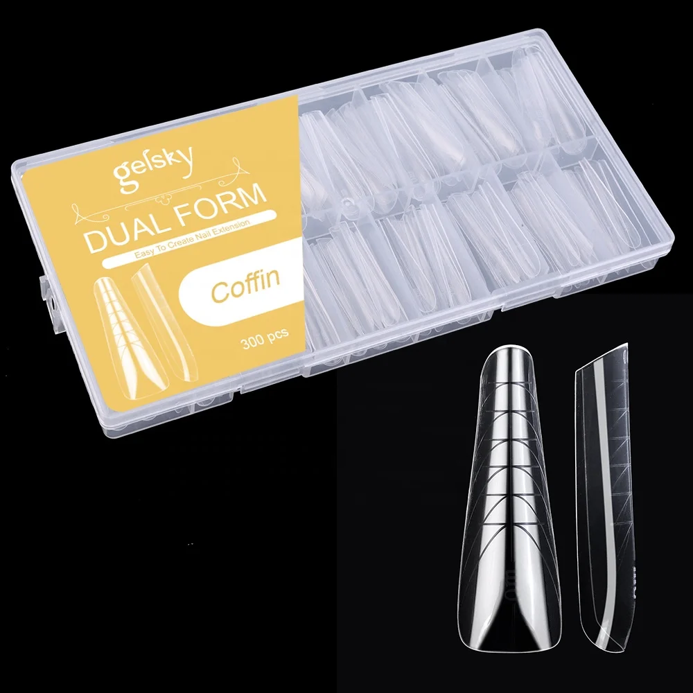 Gelsky Thinner And Fitted Coffin Nail Mold Plastic Nail Form Nail Extension 300 Pcs Extra Long Dual Form
