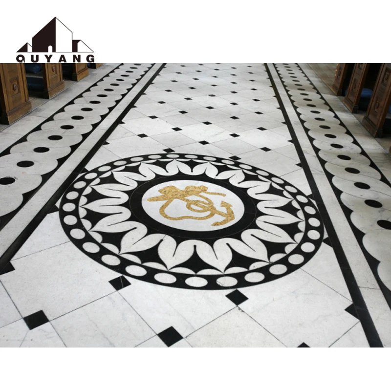 QUYANG Church Lobby Project Design Natural Stone Waterjet Tiles Marble Inlay Medallion Floor