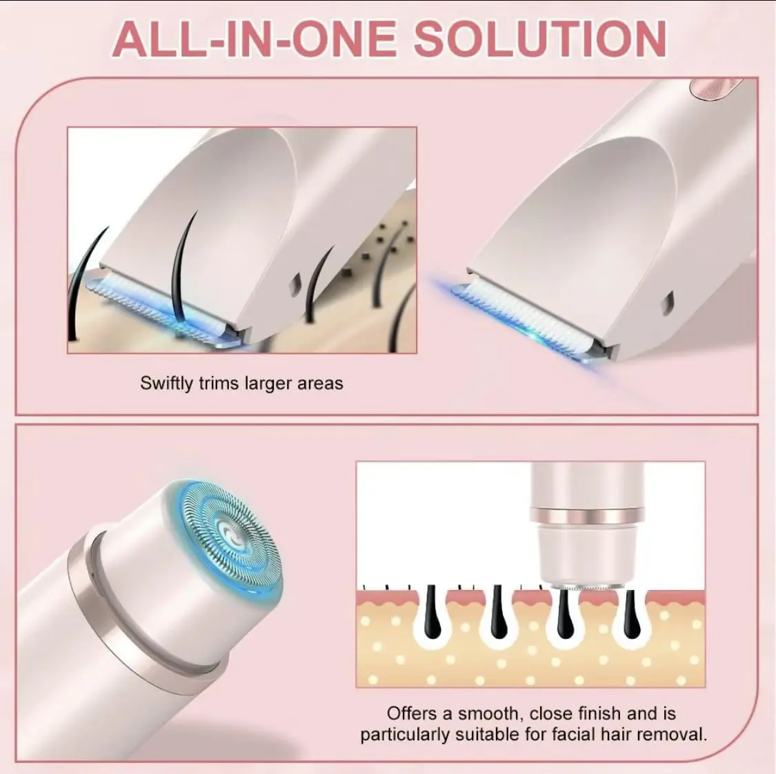 3 in 1 Women Electric Shaver Dual Head Bikini Trimmer IPX7 Body Hair Razor Clipper Facial Hair Remover Epilator