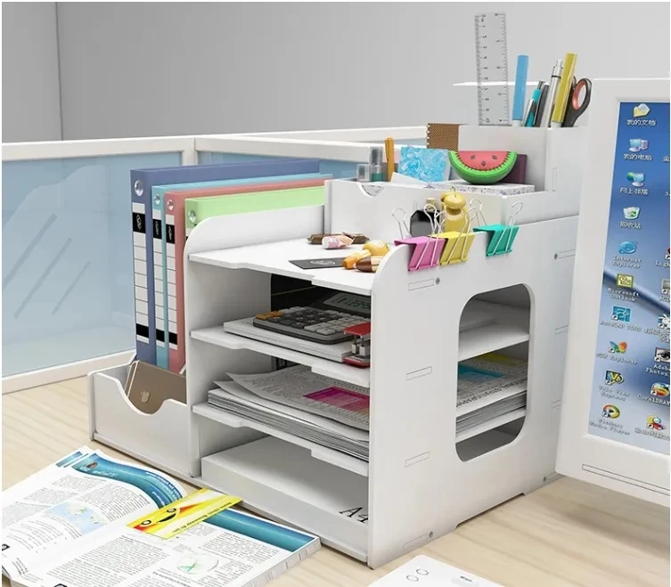 Hot Sale Multifunctional 4 Tiers Office Wood Desktop Organizer Supplies Storage Box Tabletop Binder Letter Trays With Drawer