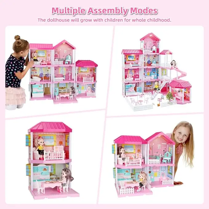 Children Fun Pretend Play  DIY Big Size House Rooms Princess Villa Accessories Furniture Toy DIY Assembly  Doll House For Girls