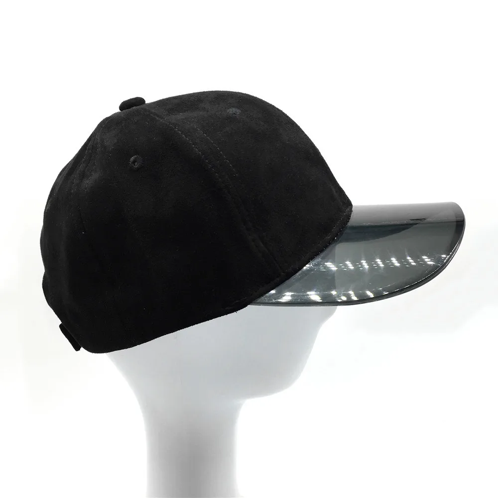 Faux Suede Baseball Cap for Women with PVC Transparent Brim Custom 6-Panels Black Trucker Cap PU Sport Summer Hat