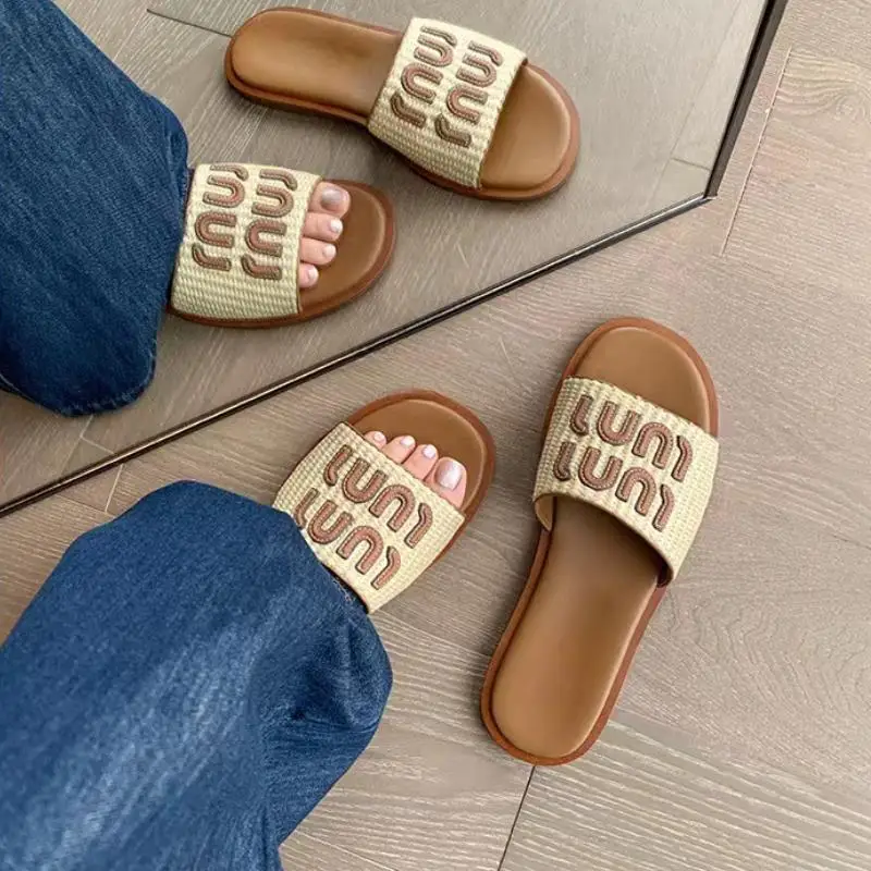 Женские летние льняные тканые туфли с квадратным носком