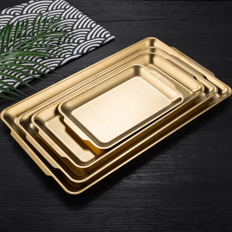 OEM/ODM Restaurant Home Kitchen Rectangle Snack Dish Gold Stainless Steel Food Tea Coffee Plate Serving Tray