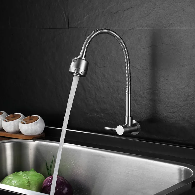 
Hot Sale Wall Mounted 360 Rotating 304 Stainless Steel Pull Out Down Taps Mixer For Sink Cold Water Flexible Kitchen Faucet 