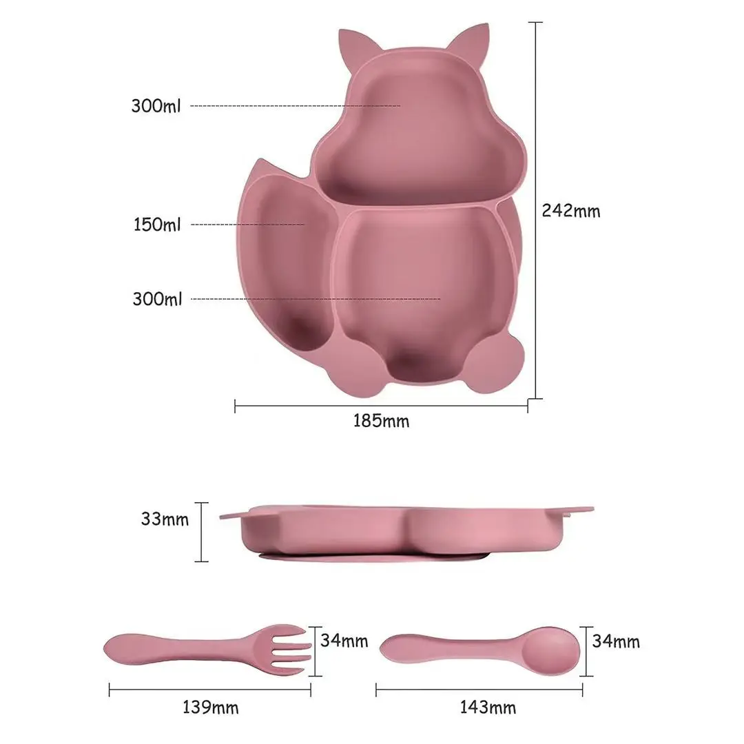 Silicone Baby  Suction Plate Sucker Animal  Plates with Forks and Spoons for Baby Feeding Products