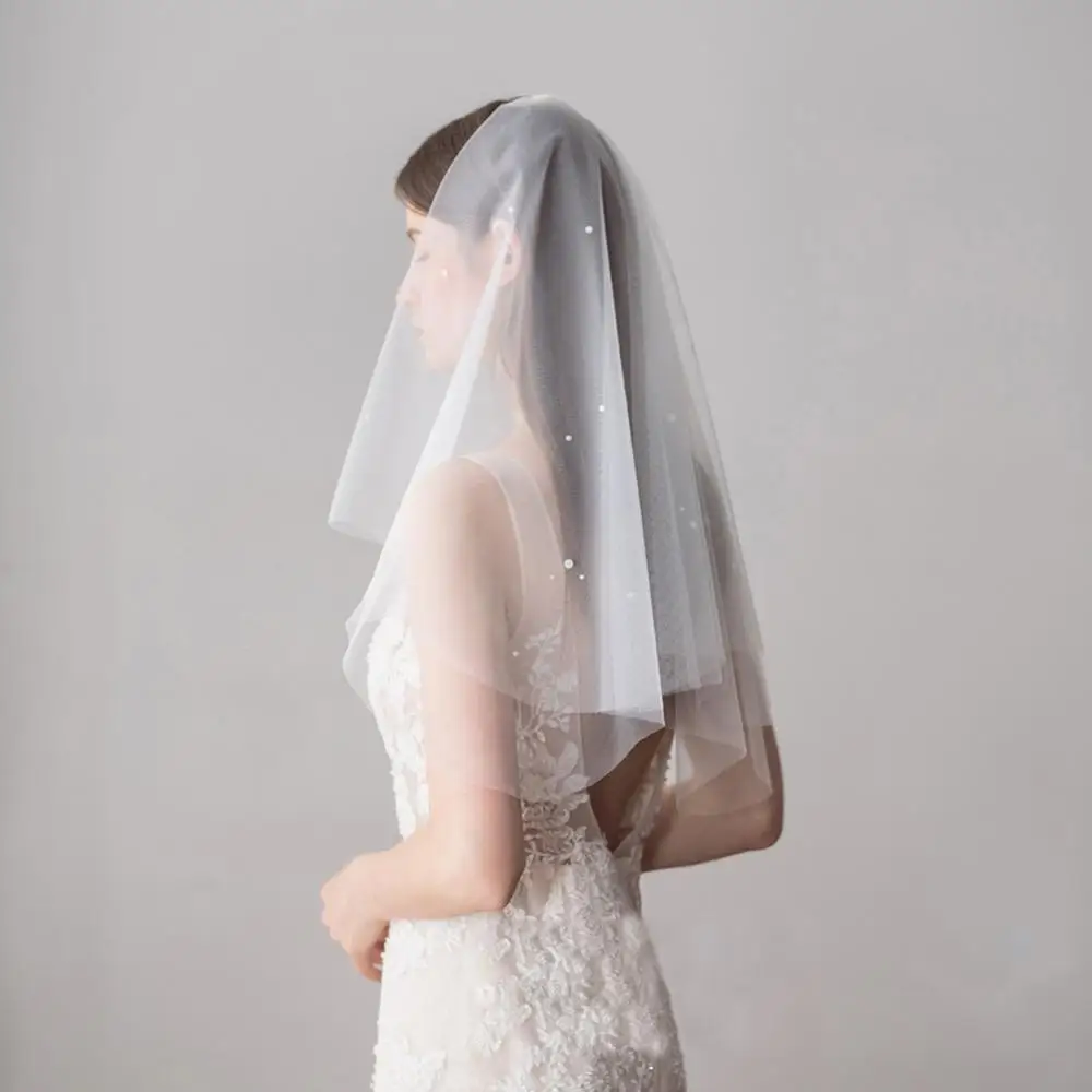 2021 Simple Pearl Tulle Wedding Veils White Ivory Bridal Veil for Bride Mariage