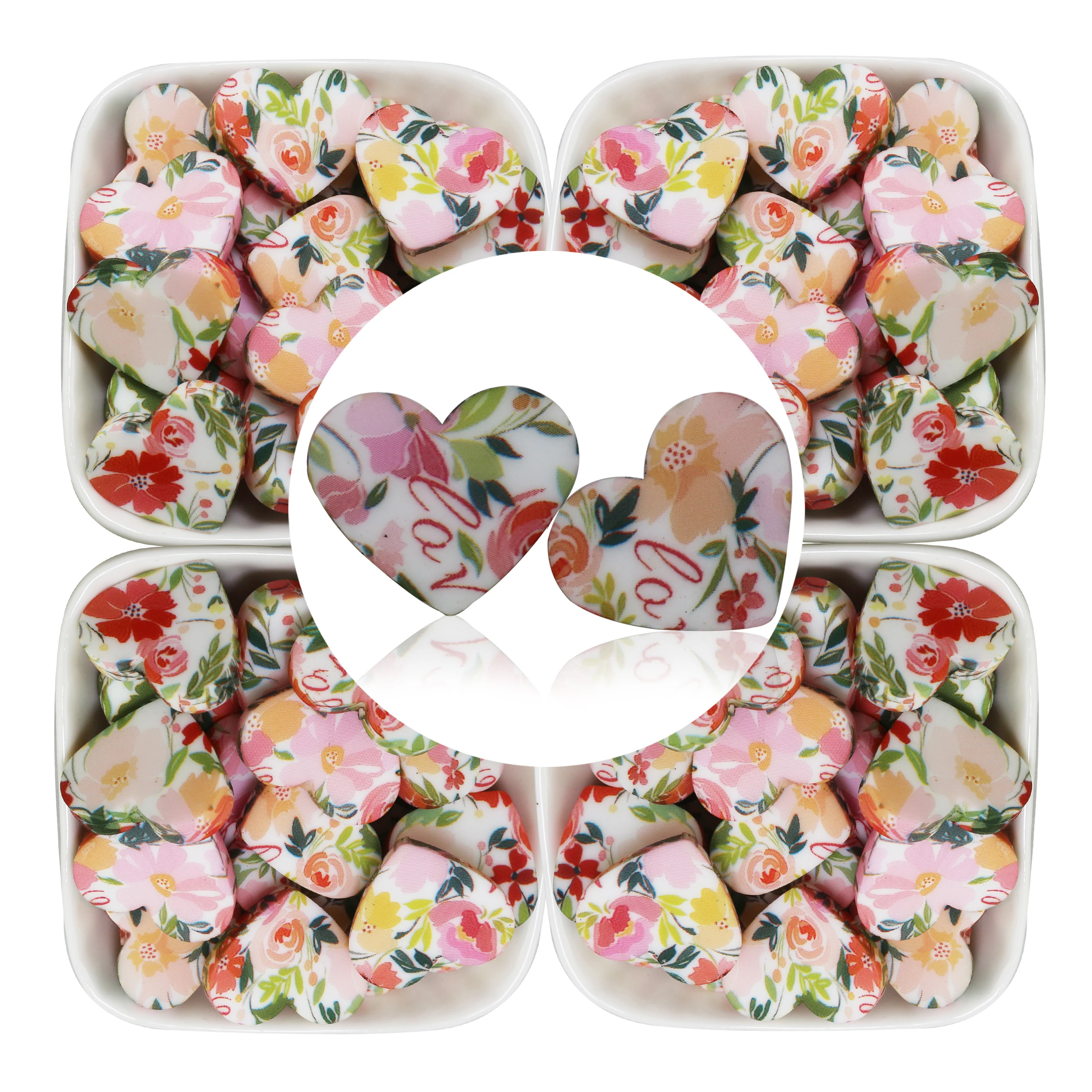 2024 New Arrival Valentines Day Love Flower Colorful Printed Loose Focal Beads Heart Print Cow Paw Silicone Beads For Pens