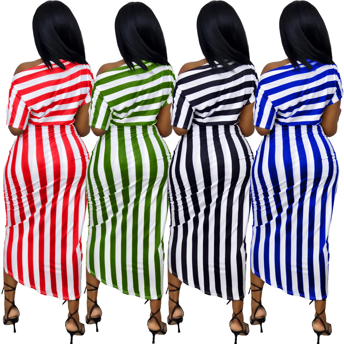 
Factory direct sales Europe and the United States summer new casual fashion printing stitching striped irregular dress 