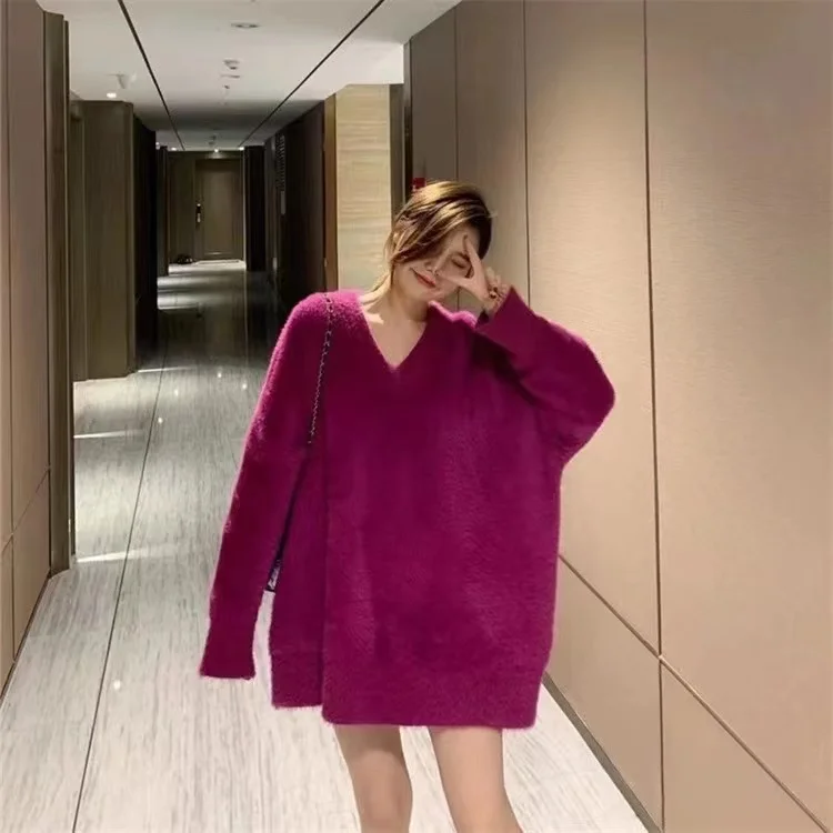 Hot Sale Winter Mink like Sweaters Women Plus Size Pullover V neck  loose size Sweater mohair sweater