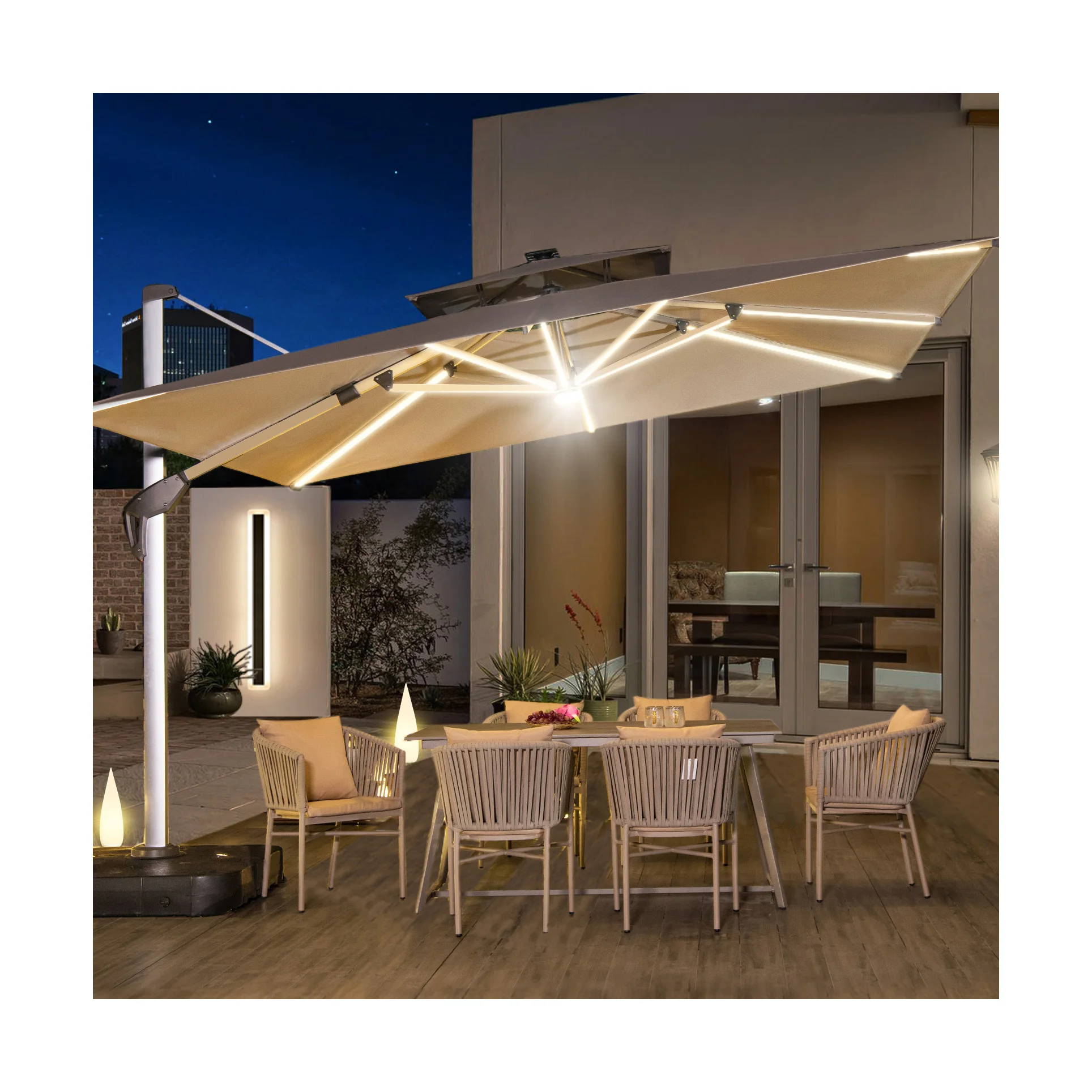 [ZUOAN IMPRESSIVE]Wholesale Cantilever Umbrella 12ft Solar Umbrella & Base LED Parasols Patio Outdoor Furniture