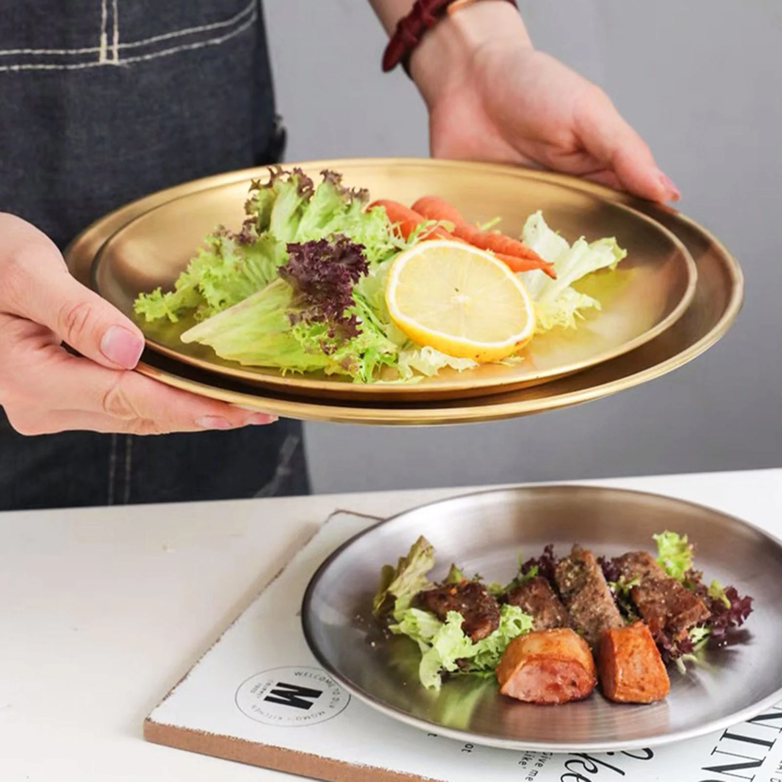 304 Stainless Steel Dishes Adult Reusable Camping Plates Dishwasher Safe Feeding Serving Flat Round Dessert Plate Camping BBQ