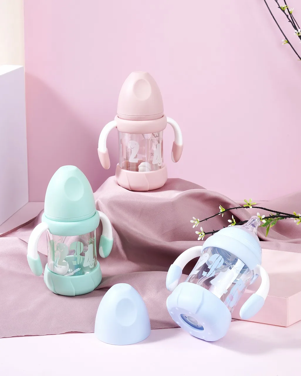 RK-N1016 180ml Factory Price Baby Food Grade Material Wide Neck Glass Feeding Bottle With Handle