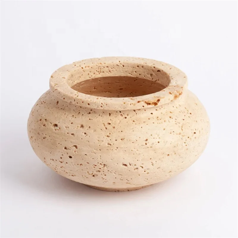 Vintage Beige Travertine Sculptural Stone Flora Vase And Planter Pot