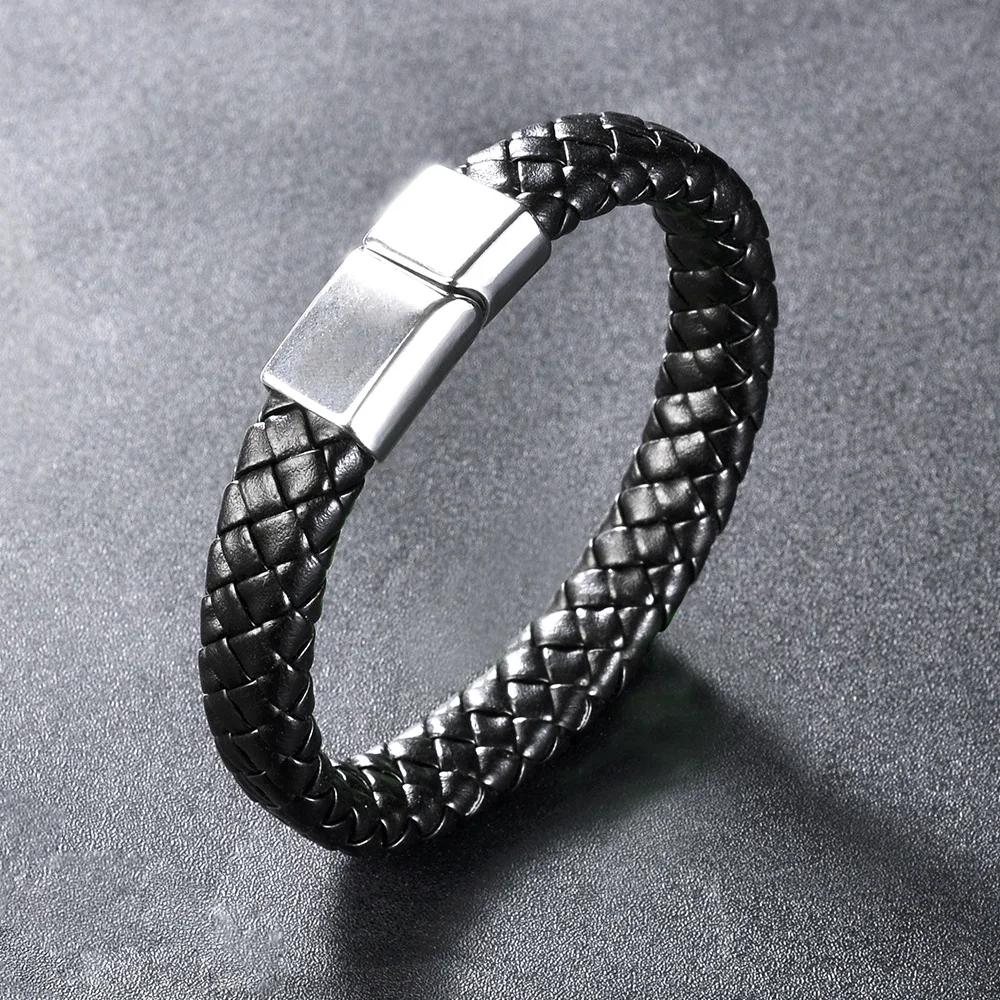 F255 Genuine Charm Men Jewelry Menswear Metal Custom Wrap Stainless Steel Braided Mens Hand Magnetic Clasp Leather Bracelet
