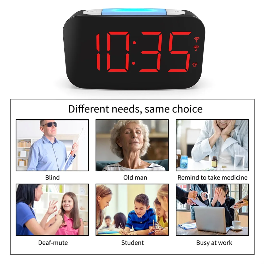 Многофункциональные часы-будильник для глухих вибрирующие часы с 2 Usb-зарядками 7 цветов Подушка-будильник США и Великобритании
