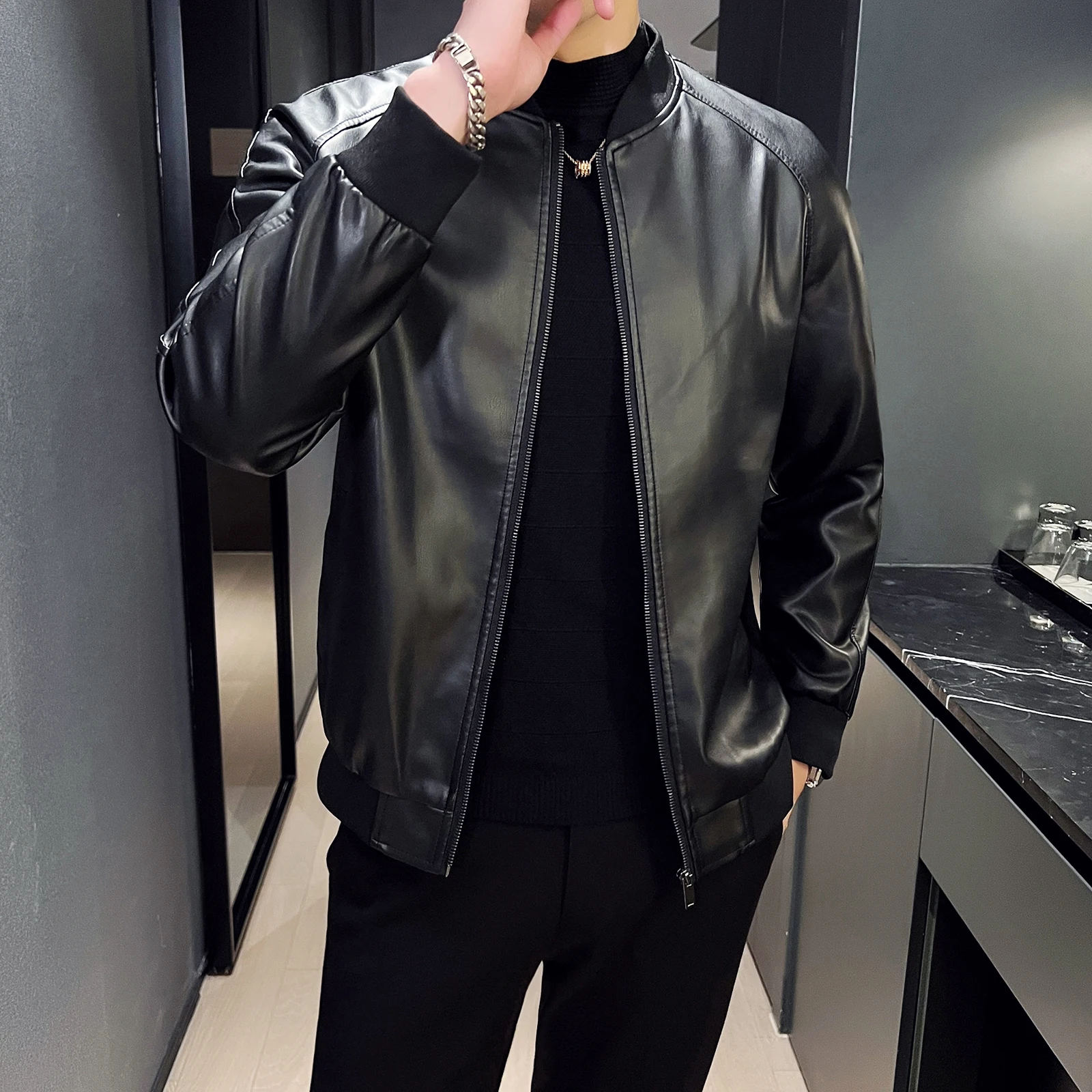 Liu Ming Wholesale Good Quality Autumn Winter Men Casual Stand Collar PU Coats Leather Bomber Jacket