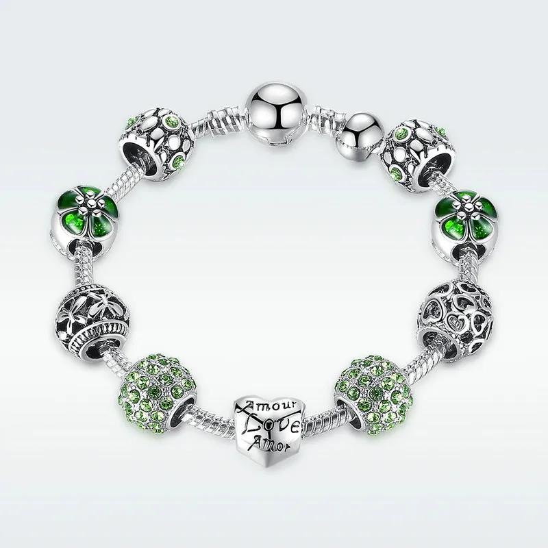 Antique Silver Charm Bracelet & Bangle with Love and Flower Beads Women Wedding Jewelry 4 Colors 18CM 20CM 21CM PA1455