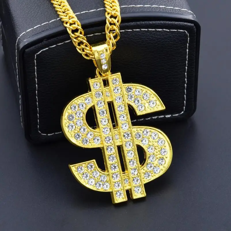 Shangjie OEM Hip Hops Crystal Rhinestone Dollar Sign Necklace Golden Plated Dollar Necklace