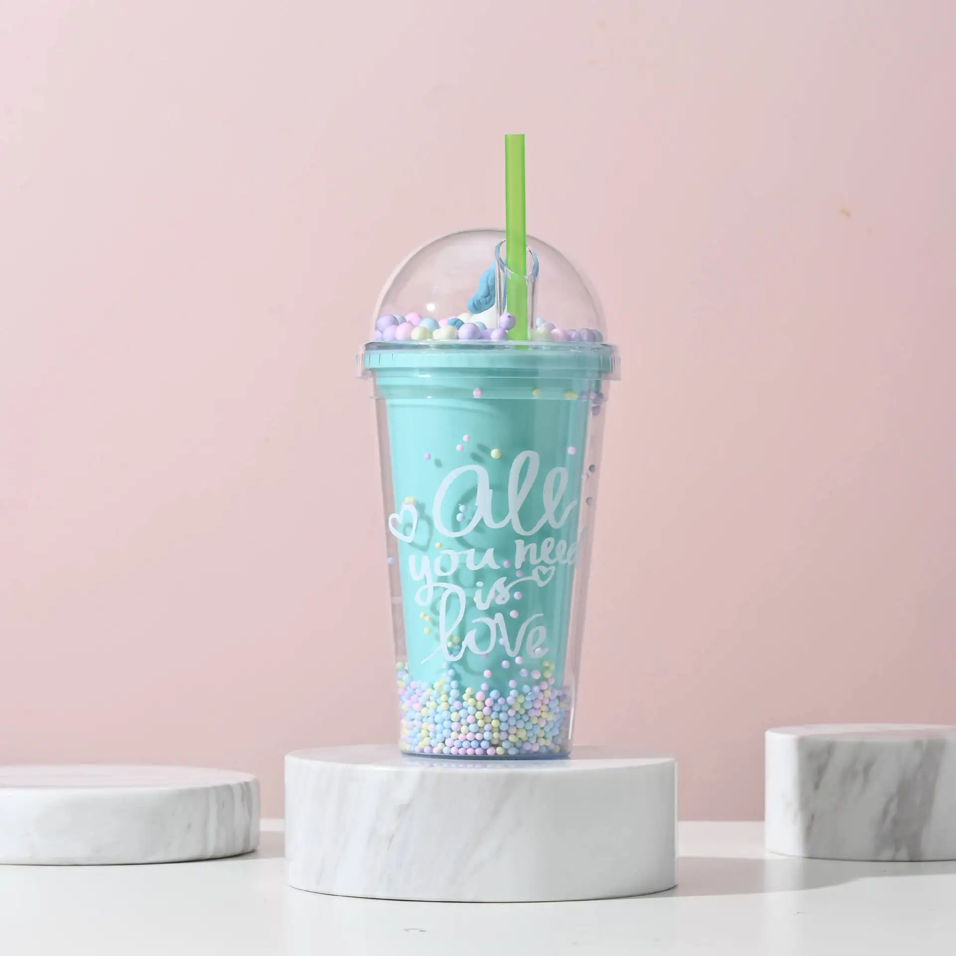 Kawaii Girls 550ml Unicorn Double Wall Juice Drinking Cup Leakproof Bpa Free Travel Reusable Plastic Tumbler Cup With Straw