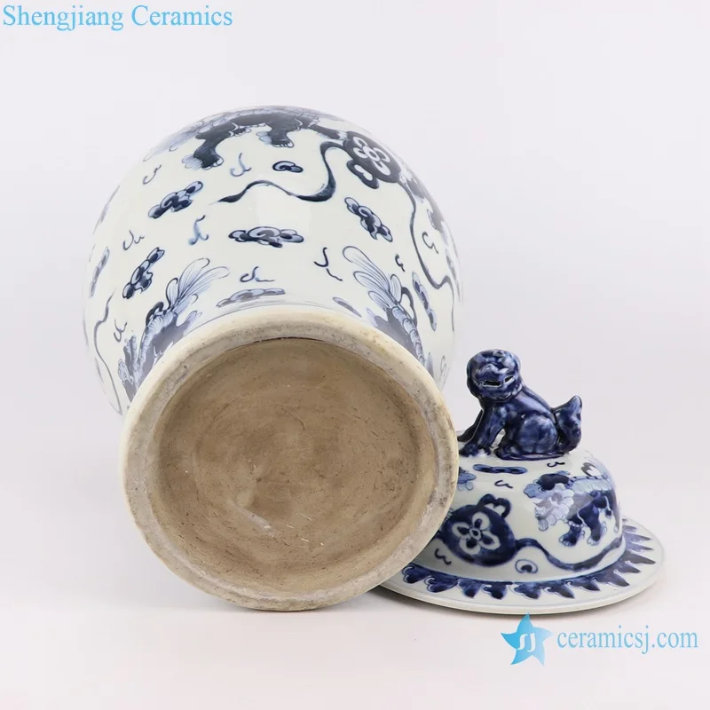 RZKY42 Antique Design Blue and White Porcelain Lion Ceramic General Pot Temple Ginger Jars with lion Head