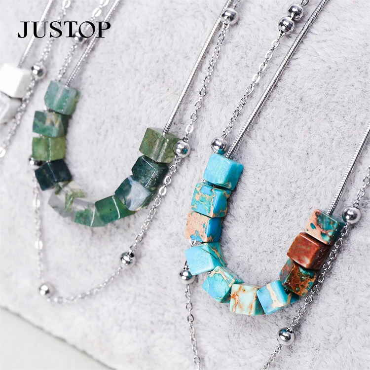Wholesale Luxury Stainless Steel Natural Stone Double Layer Fashion Turquoise Choker Necklace Jewelry