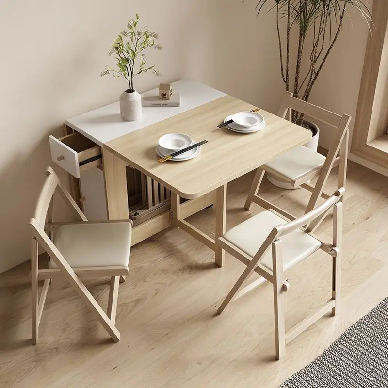 Combination wooden furniture Movable wooden folding dining table and chair Space saving wooden folding dining table