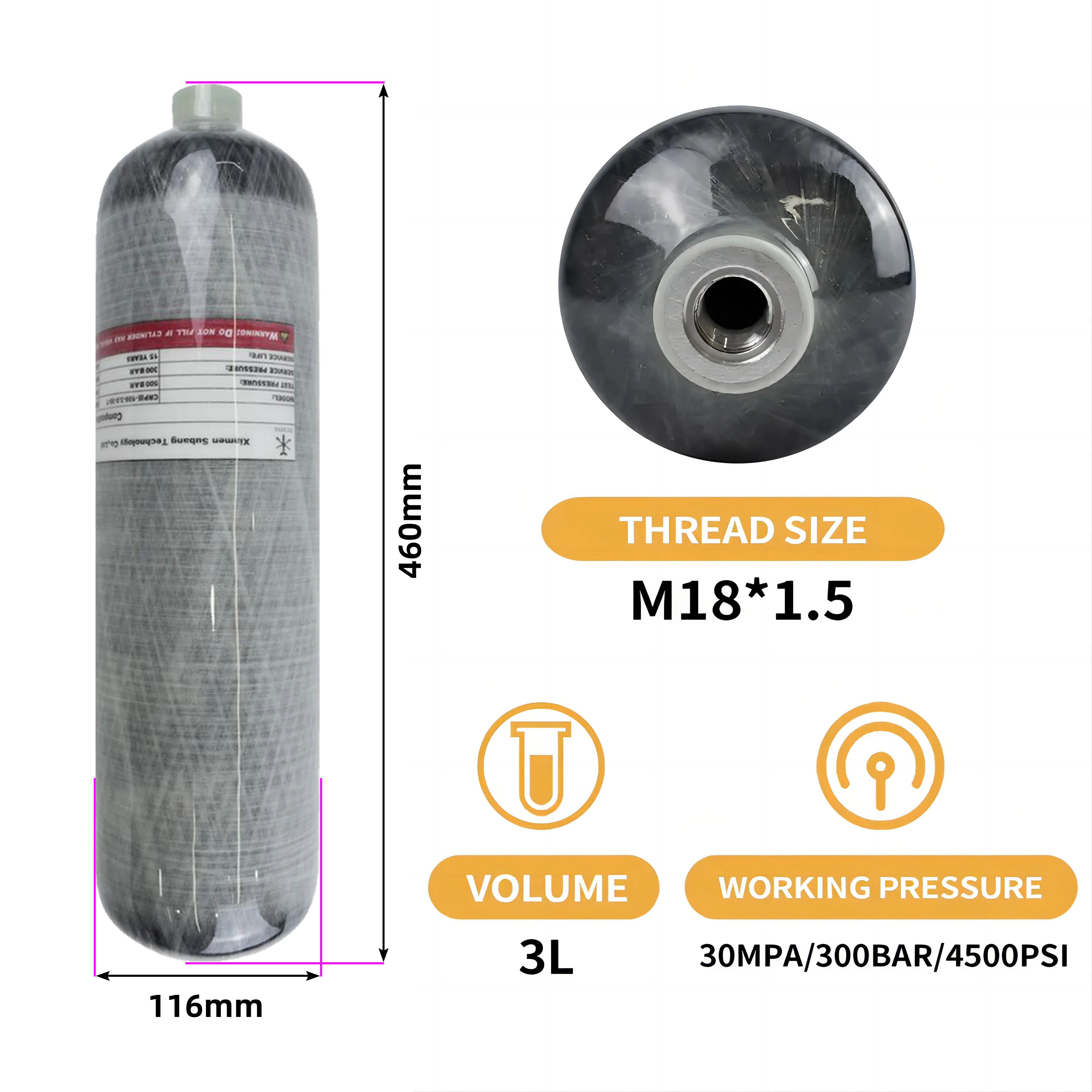 TUXING 3L CE 30MPA 4500Psi High Pressure 300BAR Scuba Breathing Diving Snorkeling PCP Carbon Fiber Air Tank With Red Valve Gauge