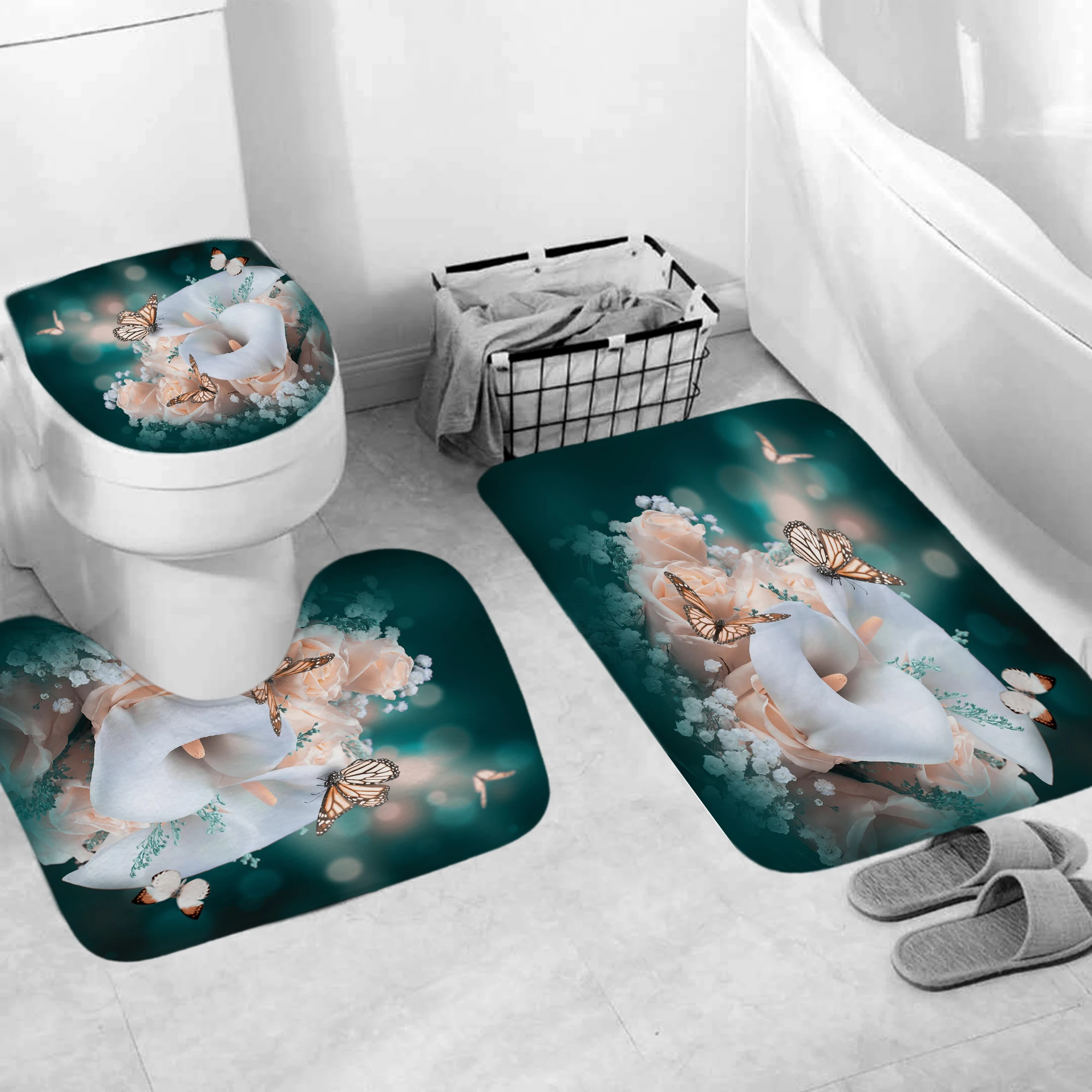 China made Butterfly series Mat Shower 4 Pieces Set Shower Curtain 3 Pieces Set bath mat