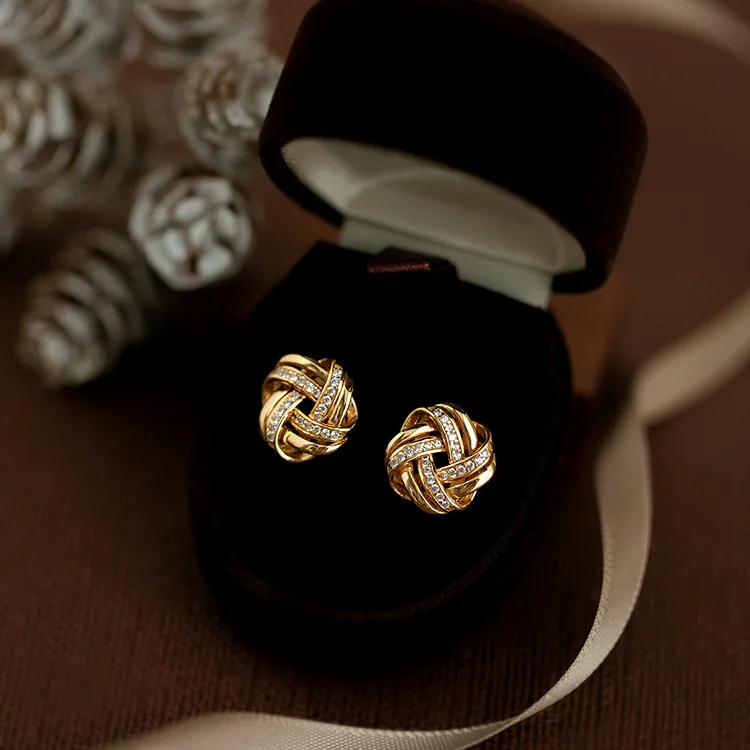 hot selling18k gold plated Geometry Chunky wire Ball 925 sterling silver zircon Twisted Knot stud earrings18k real gold earrings