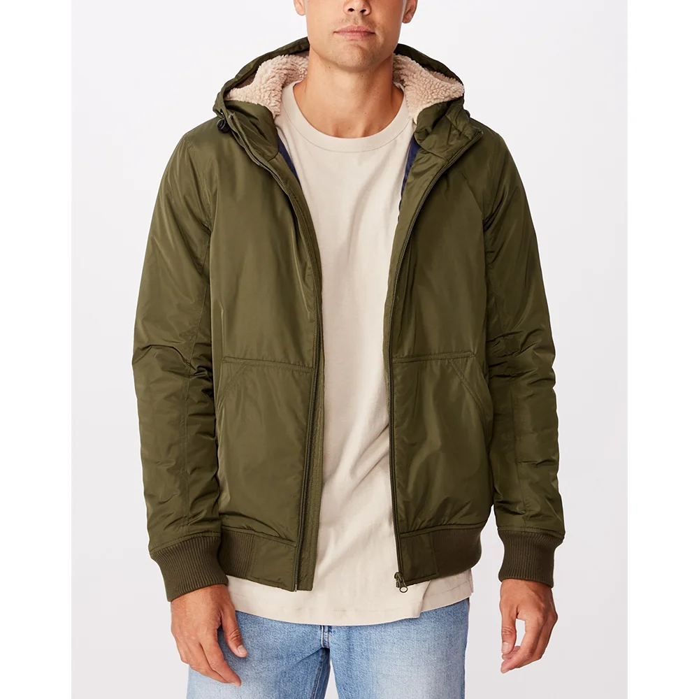 Custom green hooded polyester sherpa man jackets fleece faux fur bomber winter men coats