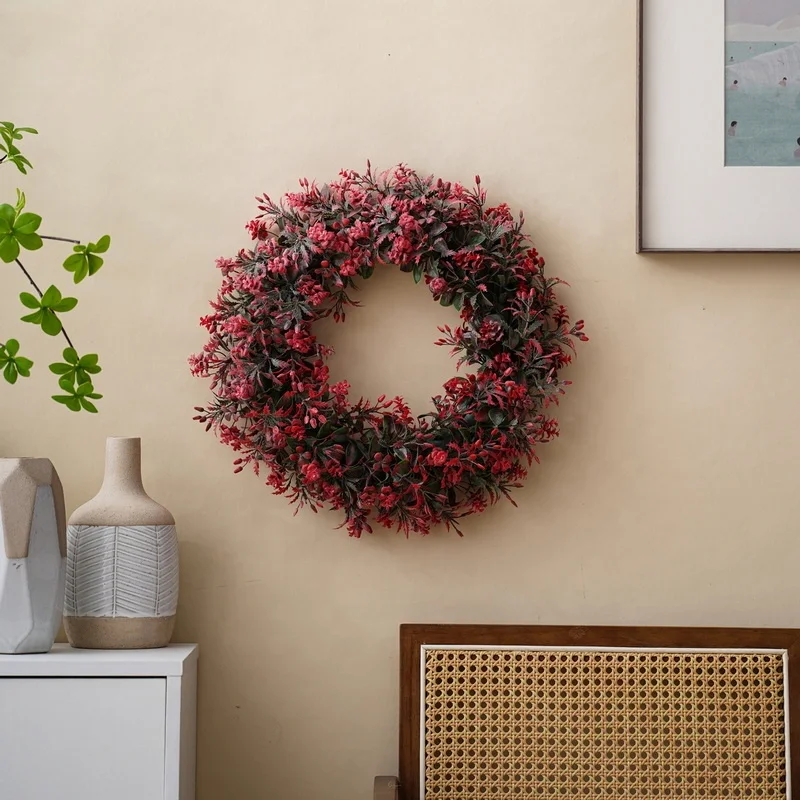 20 inch Spring Wreath Summer Door Decorations Home Farmhouse Decor Artificial Floral Wreath with Red Pink Flowers