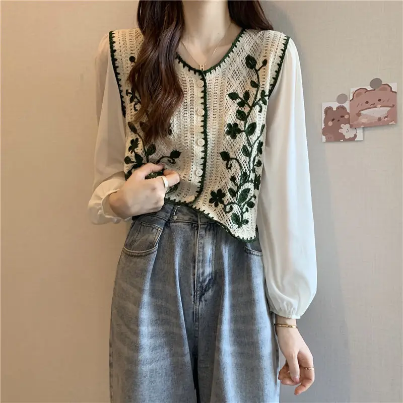 Wholesale New Chiffon Bubble Long Sleeve Stitching Hollow Knit Shirt Design Sense Niche Crochet Autumn Chic French Top Woman