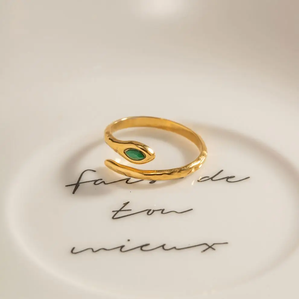 18K Gold Plated Stainless Steel  Jewelry Charm Green  Natrual Stone Snake Shaped Opening Rings