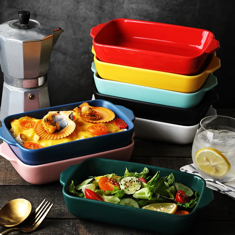 Nordic Kitchen Accessories Rectangular Baking Dishes Colored Glazed Ceramic Baking Pan Bakeware with Two Handles